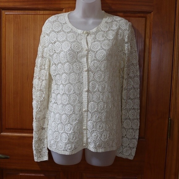 Vintage Red Peacock Hand Crochet White Lace Cardigan Cottagecore Boho Top LG - Picture 2 of 12